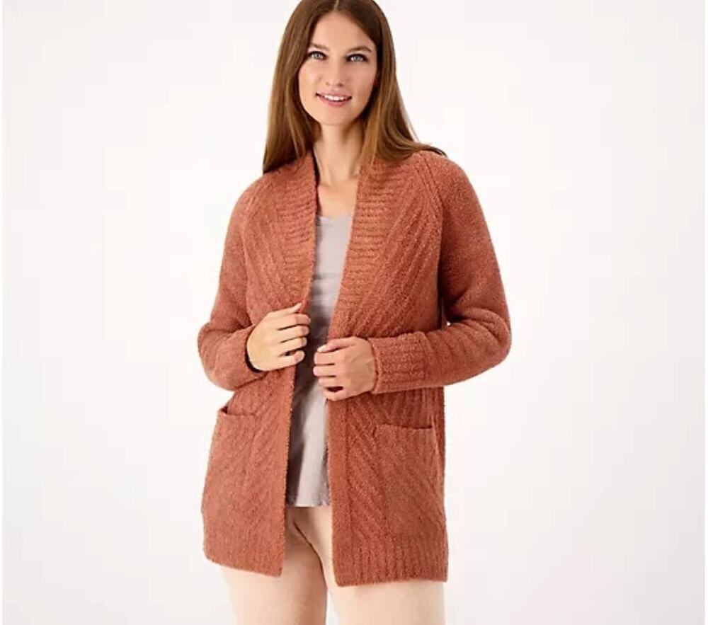 Barefoot Dreams CozyChic Cardigan Womens M Orange Open Front Pockets Ribbed Knit